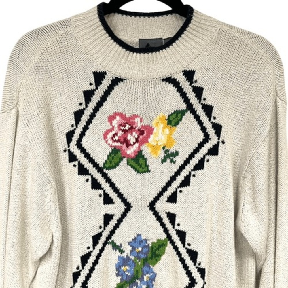 Vintage 90s LIZ WEAR Sweater Medium Multicolor Pullover Floral Linen Blend Knit - Picture 3 of 10